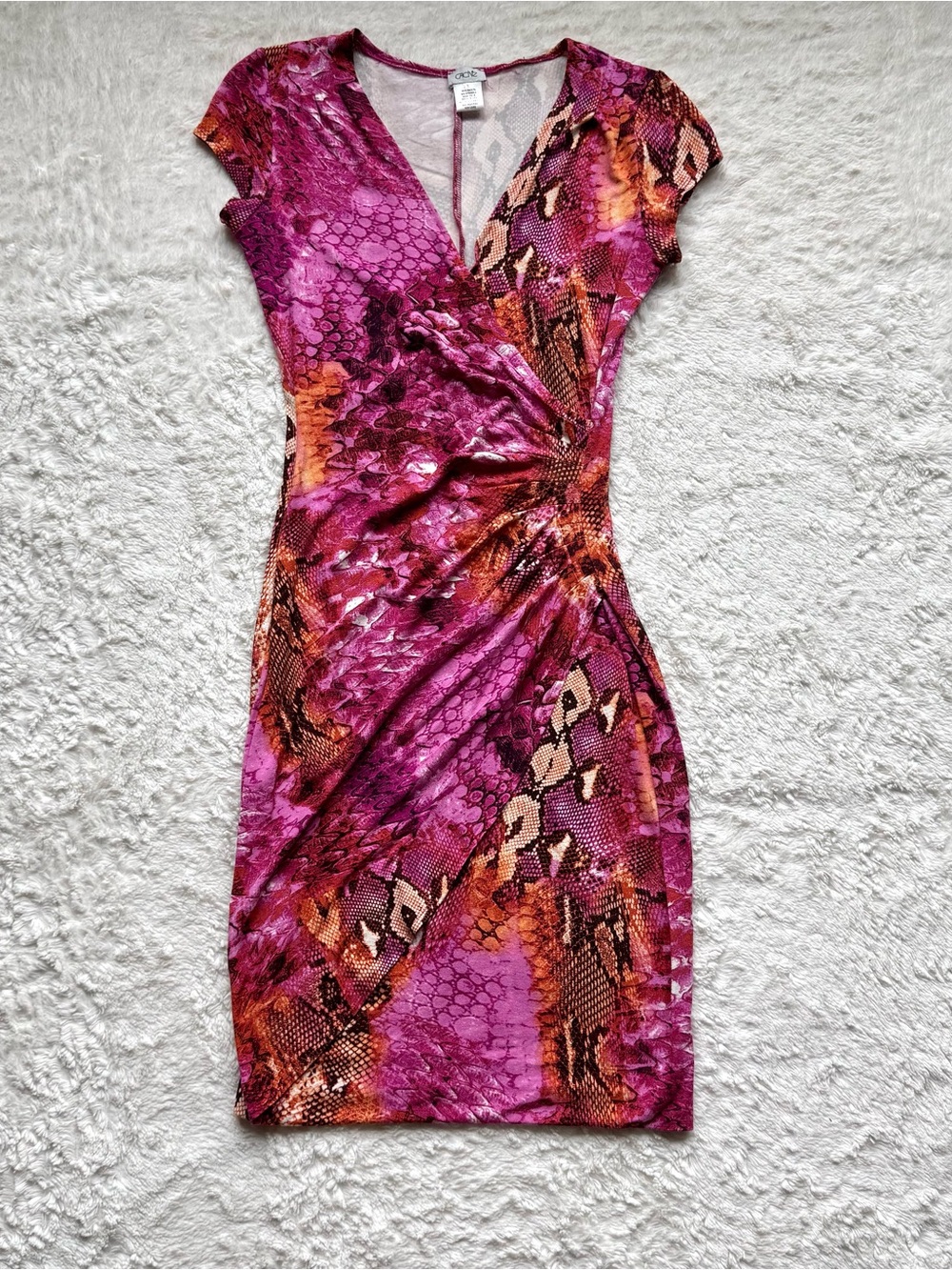VTG Y2K Cache Bodycon Wrap Dress S Pink Animal Print Snake Mob Wife Maximalist